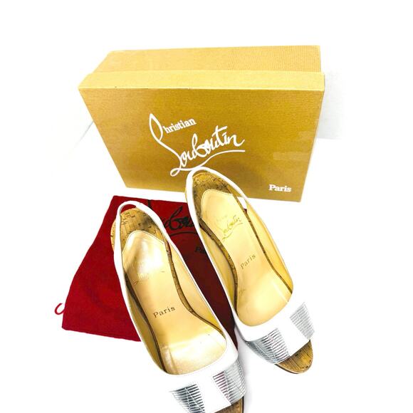 Christian Louboutin Nappa Cork Moyen Slingback Peep Toe Pumps White Silver EU 38 - Picture 2 of 9